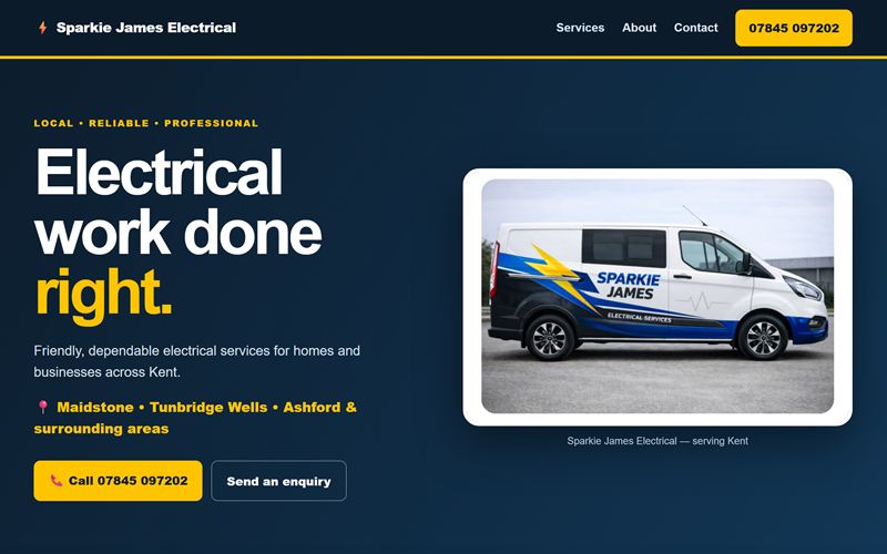Screenshot of the Sparkie James Electrical homepage