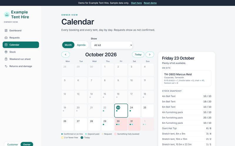 Screenshot of the Example Tent Hire demo booking and stock system